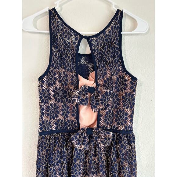 Minuet Deep Blue Pink Midi Bow Detail Lace Embroidered Dress Size Small Wedding - Picture 7 of 14